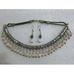 Ethnic Indian Sterling Silver and Moonstone Necklace and Earrings 3pc 