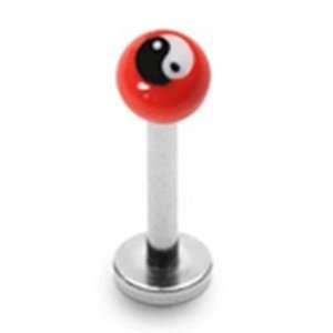 14g Labret Stud Lip Ring Piercing with Red Ying Yang Ball 14 Gauge 3/8 