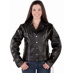 Womens Studded Leather Motorcycle Jacket with 5 Snap Front & Zip Out 