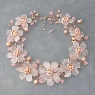 Pink Rose Quartz Sakura Gradual Flower .925 Silver Necklace  