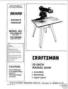  Craftsman Radial Arm Saw Manual No.113.199450  