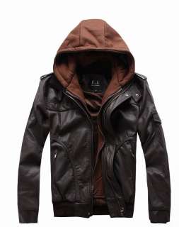 Mens Causual Slime Style Classic Design Hoody Leather Jacket(Color 