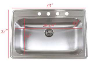33 Drop In Top Mount Single Bowl Kitchen Sink 18G  