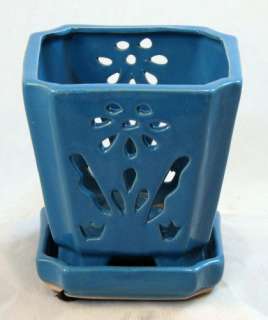 Square Ceramic Orchid Pot/Saucer 5 x 5 1/8   Blue  