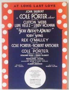 1938 YOU NEVER KNOW Sheet COLE PORTER At Long Last Love  