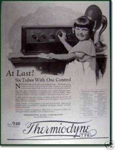 1924 THERMIODYNE TUBE RADIO GIRL WITH HEADPHONES AD  