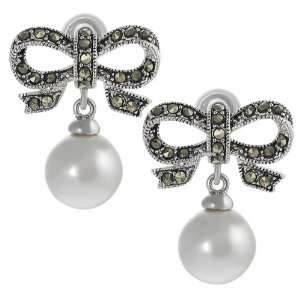    Silvertone Created Marcasite and Faux Pearl Bow Earrings: Jewelry