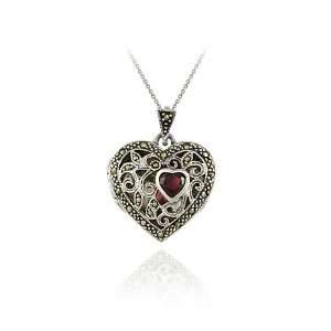   Silver Marcasite and Garnet Filigree Heart Locket Pendant: Jewelry
