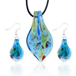 Green And Red Spots Blue Dichroic Pendant Earring Murano Glass Jewelry 