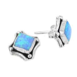   Silver 6mm Square Created Blue Opal Stud Post Earrings: Jewelry
