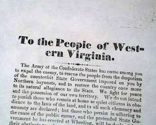   Rare Charleston WV CONFEDERATE BROADSIDE Civil War Old 1862 Newspaper