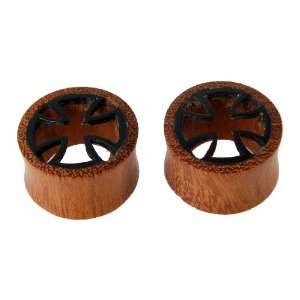   Double Flare Wood Plug with Iron Cross Carving   18mm   Pair Jewelry