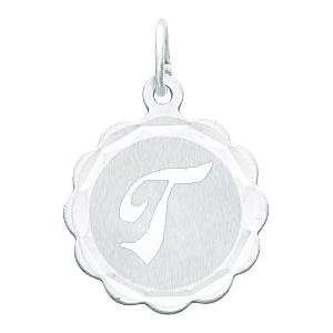  14K White Gold Engraveable Initial T Disc Charm: Jewelry