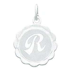 14K White Gold Engraveable Initial R Disc Charm: Jewelry
