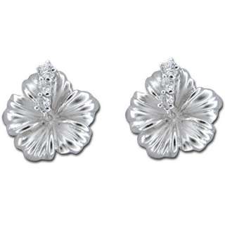 Hawaiian Hibiscus Flower Sterling Silver CZ Earrings  