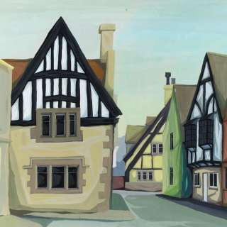 Retro Modernist Medieval Village Street Scene Painting  
