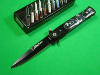 SS Tiger Assist Open Black White Hdl Stiletto Pocket Knife P 
