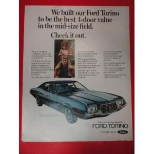  1972 Ford Torino Print Ad (Blue Car/girl on Mans Shouldes 