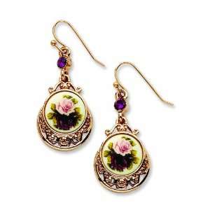  Rose Tone Dark Purple/Floral Decal Drop Earrings Jewelry