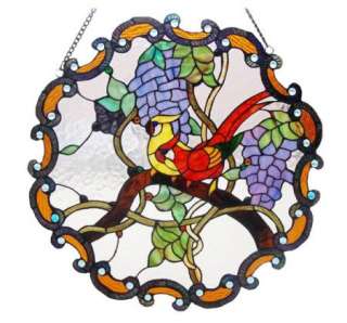 Parrots in Paradise Stained Glass Window Panel Tiffany Style Birds 