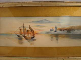   Follk Art SAILBOAT Old SEASCAPE WaterColor LIGHTHOUSE Painting  