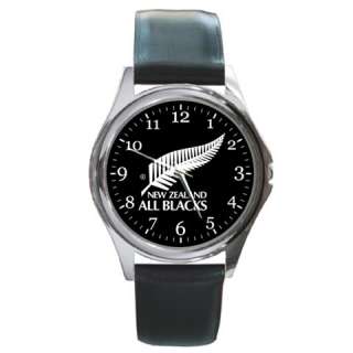 NEW* HOT RUGBY ALL BLACK Round Metal Watch LeatherBand  