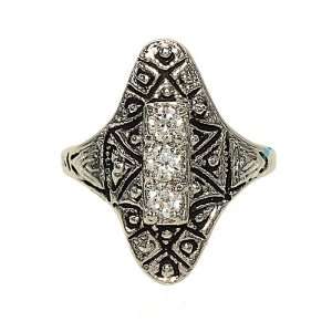Vintage Inspired Art Deco Style Rhodium Plated Fashion Ring with Three 