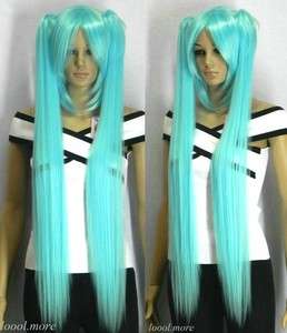 Vocaloid Miku Hatsune Cosplay Wig + 2 Ponytails Sky Blue Long Straight 