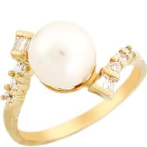   Yellow Gold Freshwater Pearl & CZ Bypass Very Unique Ring Jewelry