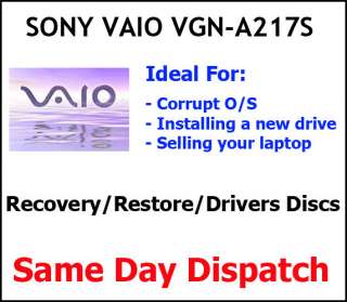 SONY VAIO VGN A217S Laptop Factory Restore / Recovery / Drivers Discs 