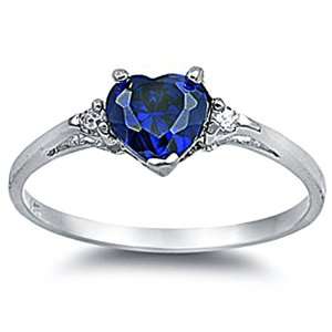   Silver Ring Blue Sapphire CZ Heart Shape Band Width2mm Jewelry