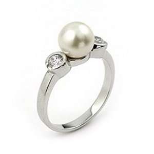   Two Stone Bezel Sterling Silver Ring With Pearl Cent, Size 7 Jewelry