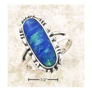 Sterling Silver Elongated Oval Blue Created Opal Beaded Border Ring 