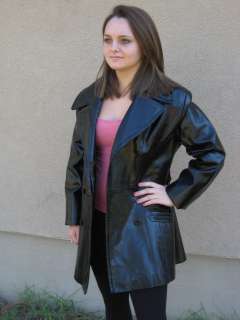 GREAT BLACK PLEATHER TRENCH COAT JACKET SIZE M  