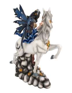 Beautiful Blue Winged Night Fairy W/ White Unicorn Statue  