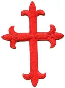Iron On Applique Embroidered RED Fleur De Lis Cross 4  