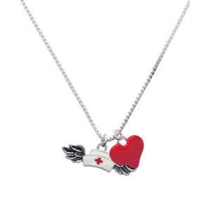  Enamel Nurse Hat with Wings and Red Heart Charm Necklace 