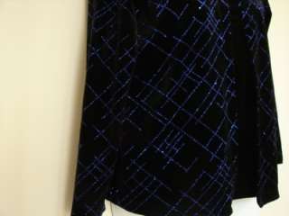 NEW Notations Black Velvet Blue Glitter Twinset Outfit Shirt Top L 