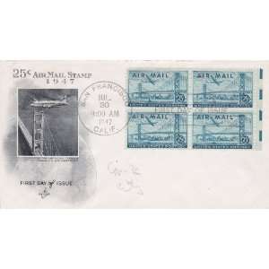 1947 U.S. 25ct Air Mail Stamp #C36 Plateblock of 4 on First Day Cover 