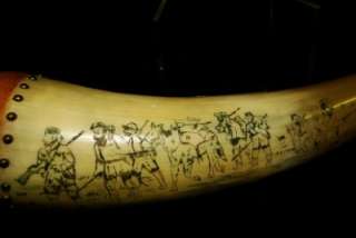 HAND CARVED POWDER HORN SIGNED BY D. TWYMAN & DATED 1976  