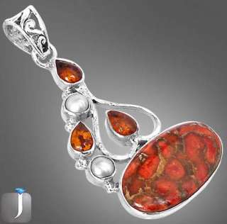 RED COPPER TURQUOISE AMBER 925 STERLING SILVER ARTISAN PENDANT 2 1/8 