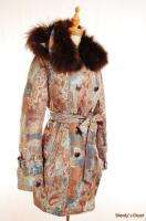 NWT Tulle $1870 Fur Paisley Down Jacket Coat 36 S BROWN  