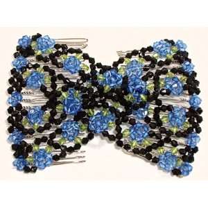   Comb Stretchy Beaded Hair Comb In Blue Flower Beads 