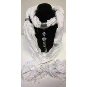  White Scarf with Bejeweled Heart Shaped Lock and Key 