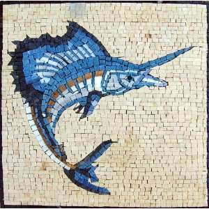  16x16 Blue Swordfish Marble Mosaic Stone Tile Wall Art 