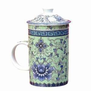  Porcelain Tea Cup   Strainer   Green and Blue Floral 