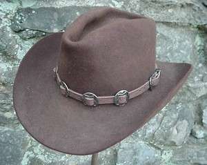 WESTERN HAT BAND BROWN LEATHER w 10 Antiqued Conchos, 3 PC Buckle Set 