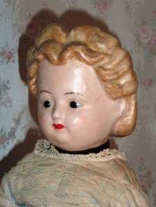 Antique Pumpkin Head Wax Over Papier Mache Doll Old Body Dress  