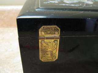 Vtg BLACK LACQUER Asian MOTHER OF PEARL INLAY Jewelry Box BRASS FISH 