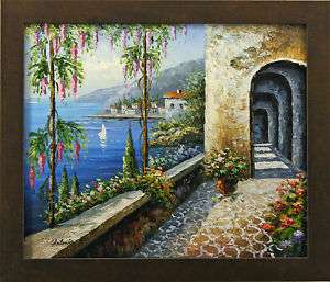 Mediterranean Terrace Floral Path   FRAMED OIL PAINTING  